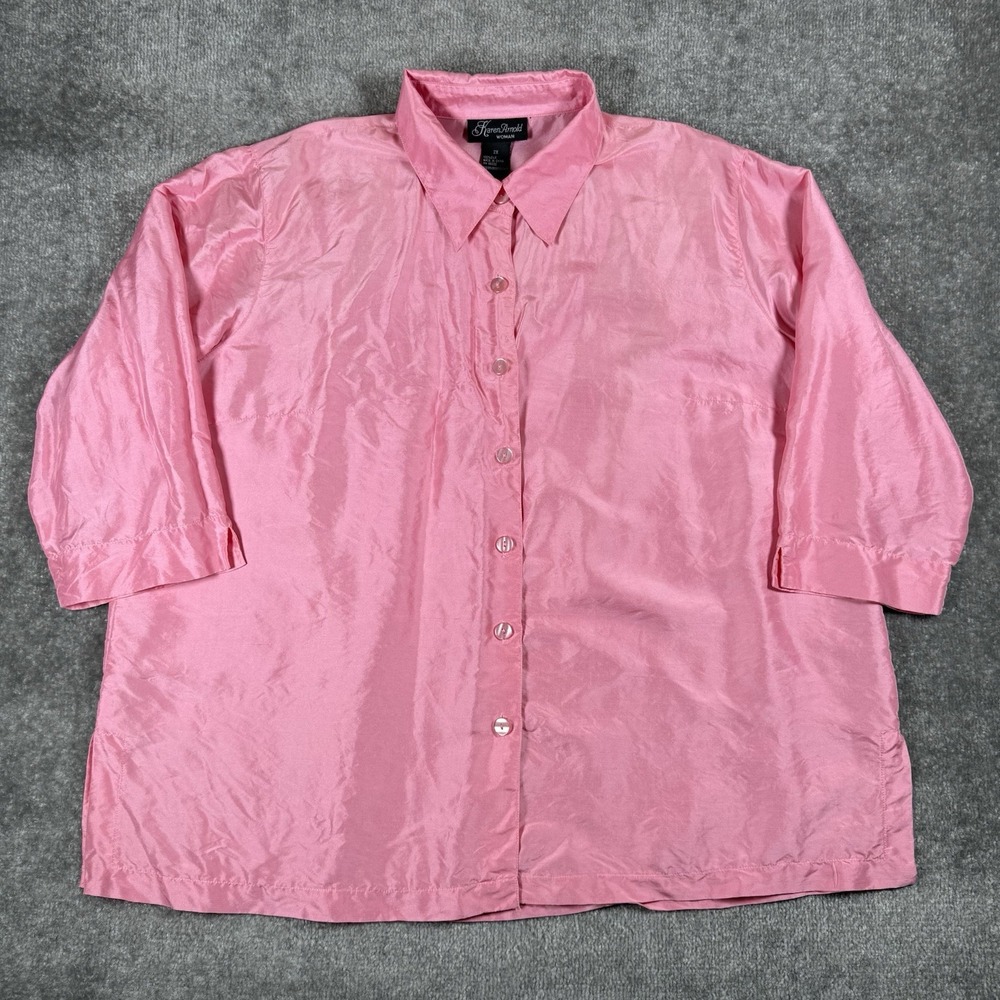 Vintage Karen Arnold Woman Blouse Women's 2X Pink Silk 3/4 Sleeve Button Down